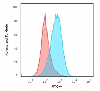 Flow cytometry testing of PFA-fixed human Raji cells with CD45 antibody (clone PTPRC/1975R); Red=isotype control, Blue= CD45 antibody.