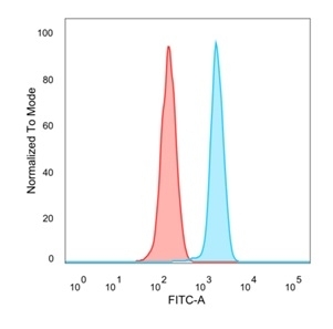 FACS staining of PFA-fixed human HeLa cells with MXI1 antibody (blue, clone PCRP-MXI1-1A3), and unstained cells (red).