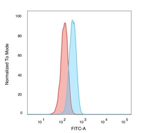 FACS staining of PFA-fixed human K562 cells with POLE3 antibody (blue, clone PCRP-POLE3-2F10) and isotype control (red).