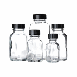 DWK Life Sciences WHEATON® Clear French Square Bottles with Black Phenolic Rubber Lined Caps