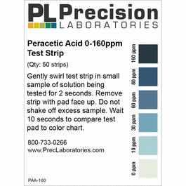 Precision Laboratories Peracetic Acid (PAA) Sanitizer Test Strips, Mid-Level 0 to 160 ppm