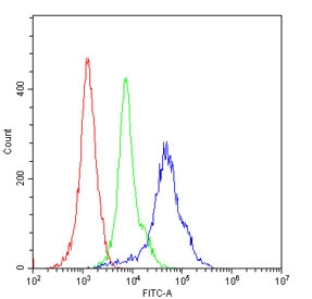 Flow cytometry testing of human PBM cells with Integrin beta 3 antibody at 1ug/million cells (blocked with goat sera); Red=cells alone, Green=isotype control, Blue= Integrin beta 3 antibody.