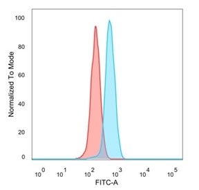 FACS staining of PFA-fixed human HeLa cells with ZHX3 antibody (blue, clone PCRP-ZHX3-1D11) and isotype control (red).